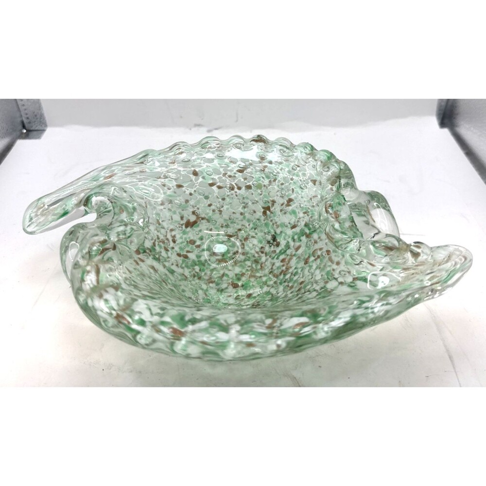 Vintage Murano Style Glass Bowl/Ashtray Green w/Aventurine Speckles 9 Inches